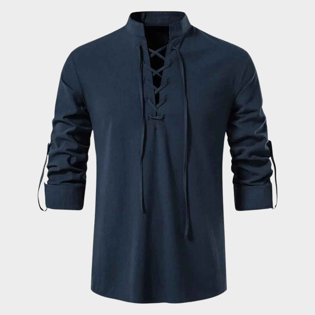 Men's Cotton Linen Shirt - Long Sleeve Casual T-Shirt - Drawstring Neck - Relaxed Fit - Multiple Colours