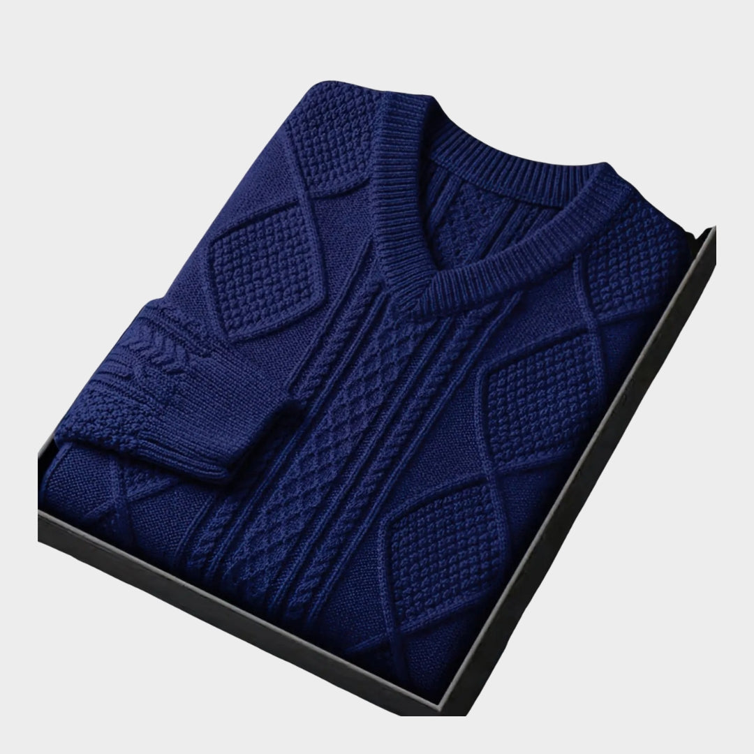 Men's Jacquard Pullover Sweater – Chicken Heart Neck, Long Sleeve, Casual Thickened Knitwear (Navy Blue, Khaki, and More)