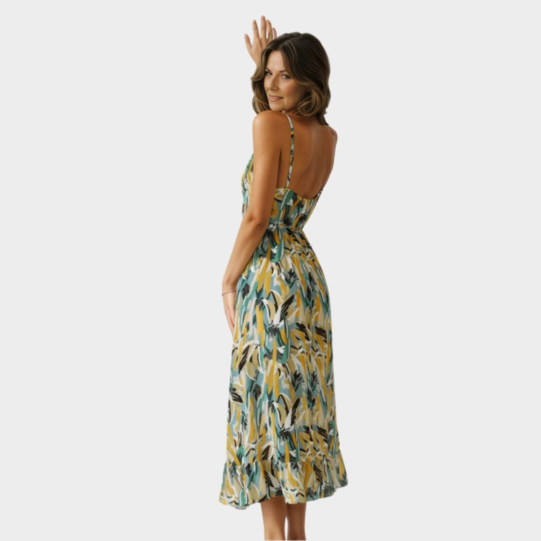 Women's Loose-Fit Slip Dress - V-Neck Spaghetti Straps - Colorful Print - Summer Dress - Green & Orange