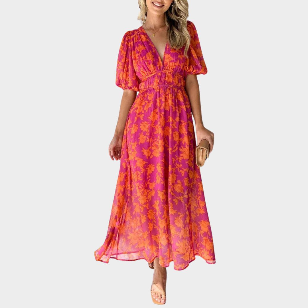 Women’s Floral Midi Dress – Puff Sleeves with V-Neckline and Elastic Waist – Pink Orange