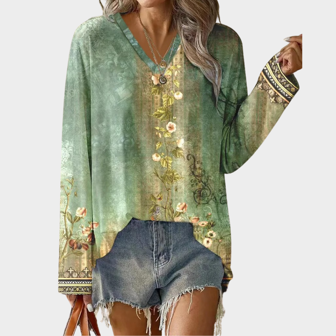 Women’s V-Neck Long Sleeve Blouse – Lightweight Loose Fit Printed Shirt – Casual Streetwear Style – Multiple Colours