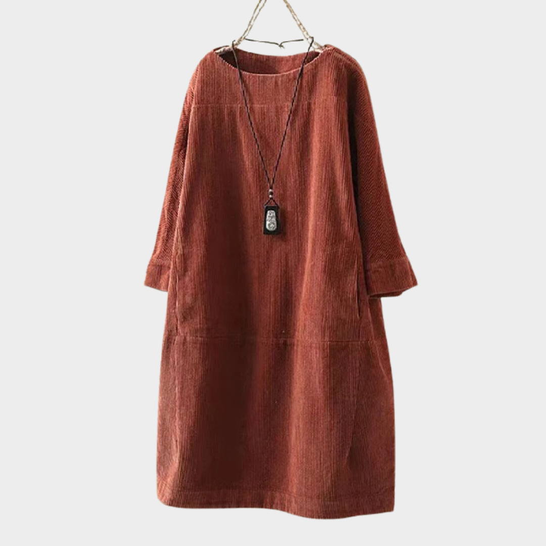 Women Retro Corduroy Dress – Loose Fit Long Sleeve with Round Neck – Solid Colour Vintage Style Comfortable Elegance – Multiple Colours