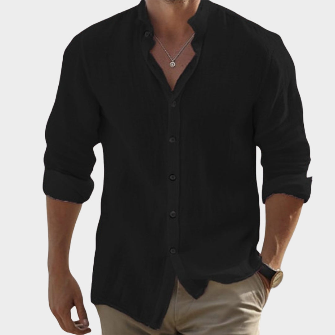 Men's Long-Sleeve Shirt - Stand Collar - Cotton Linen Blend - Casual Fit - Breathable Fabric - Multiple Colours