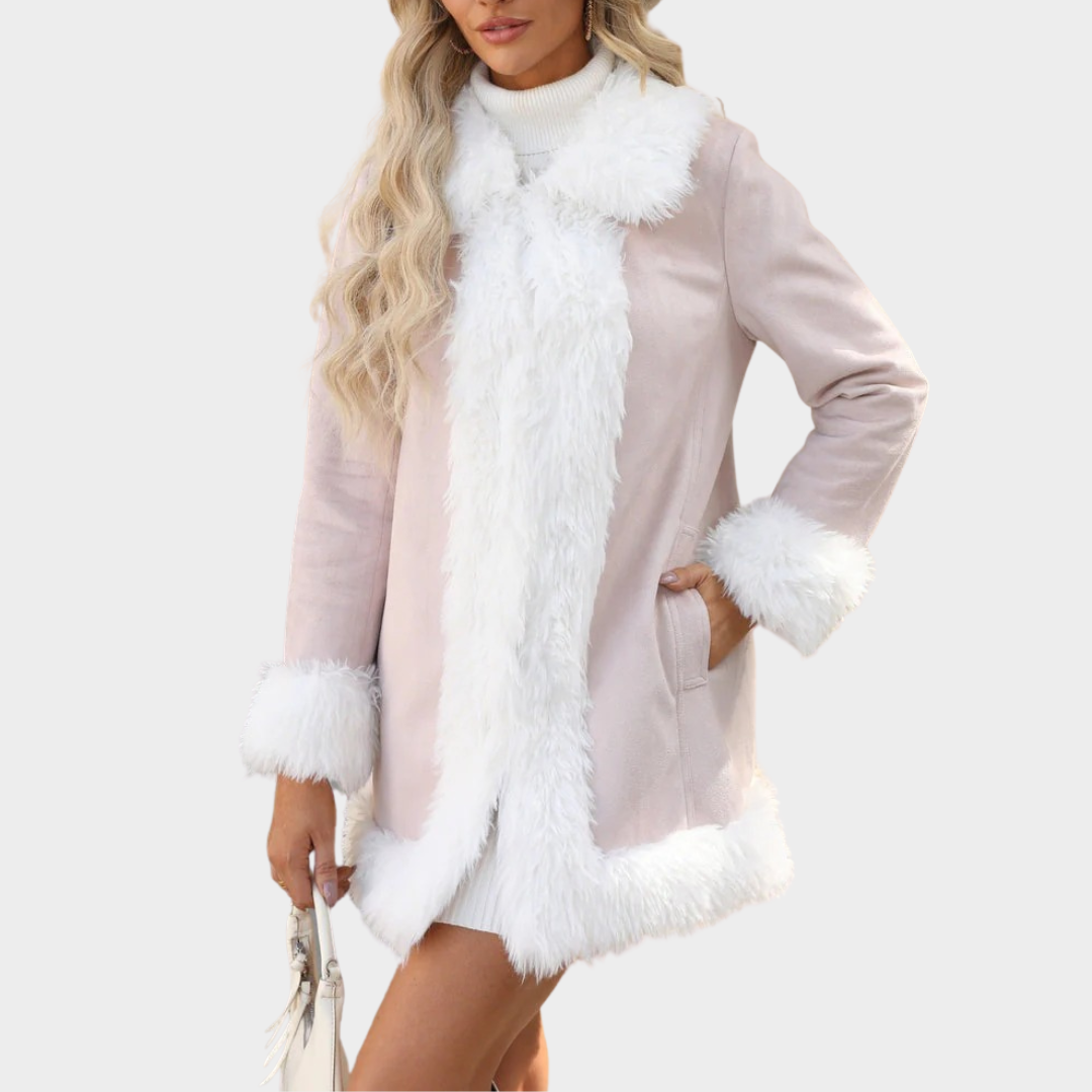 Women Long Coat – Relaxed Fit Faux Fur Trim Open Front Soft Cozy Fabric – Multiple Colours