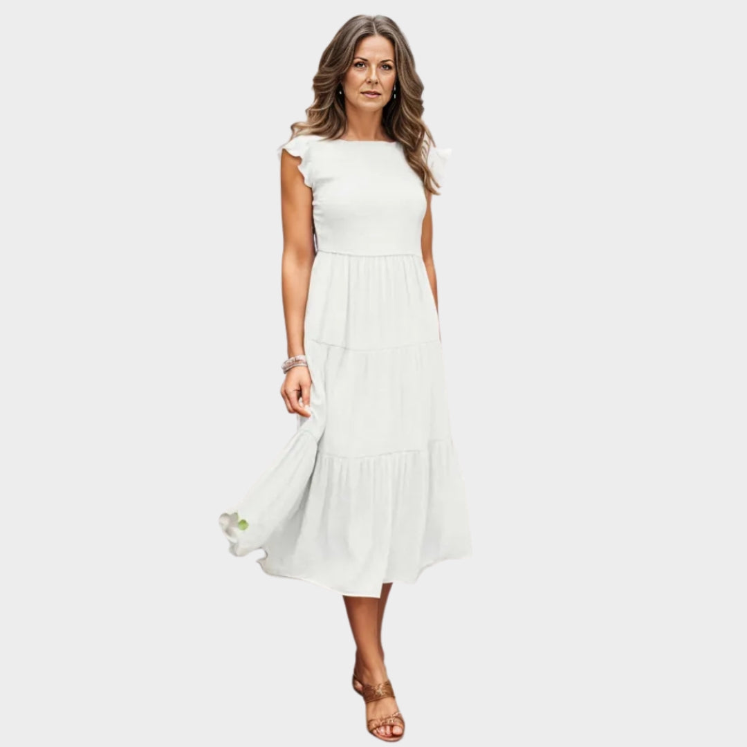 Sleeveless Women's Layered Midi Dress – Smocked Elastic Waist, Round Neckline, Summer Beach Style, Black, White, Green, Pink