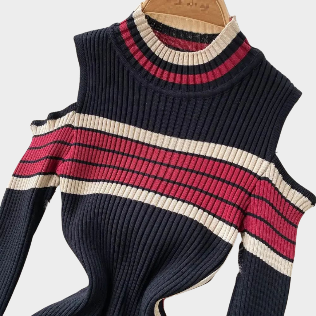 Women’s Knitted Dress – Half-High Collar – Long Sleeves – Striped Pattern – Elegant Fit – Black