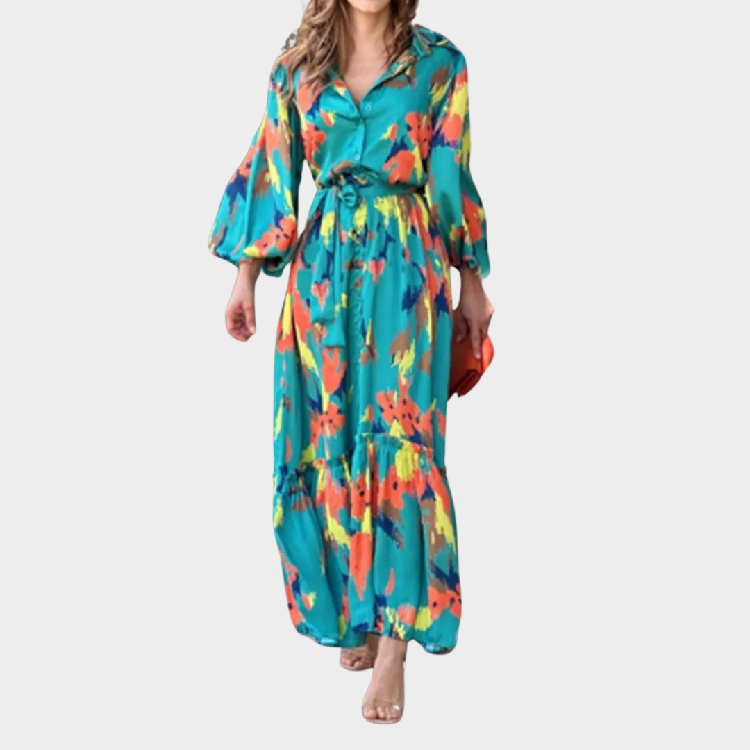 Women's Elegant Button Long Dress – Lantern Sleeve – Lace-Up Waist – Green