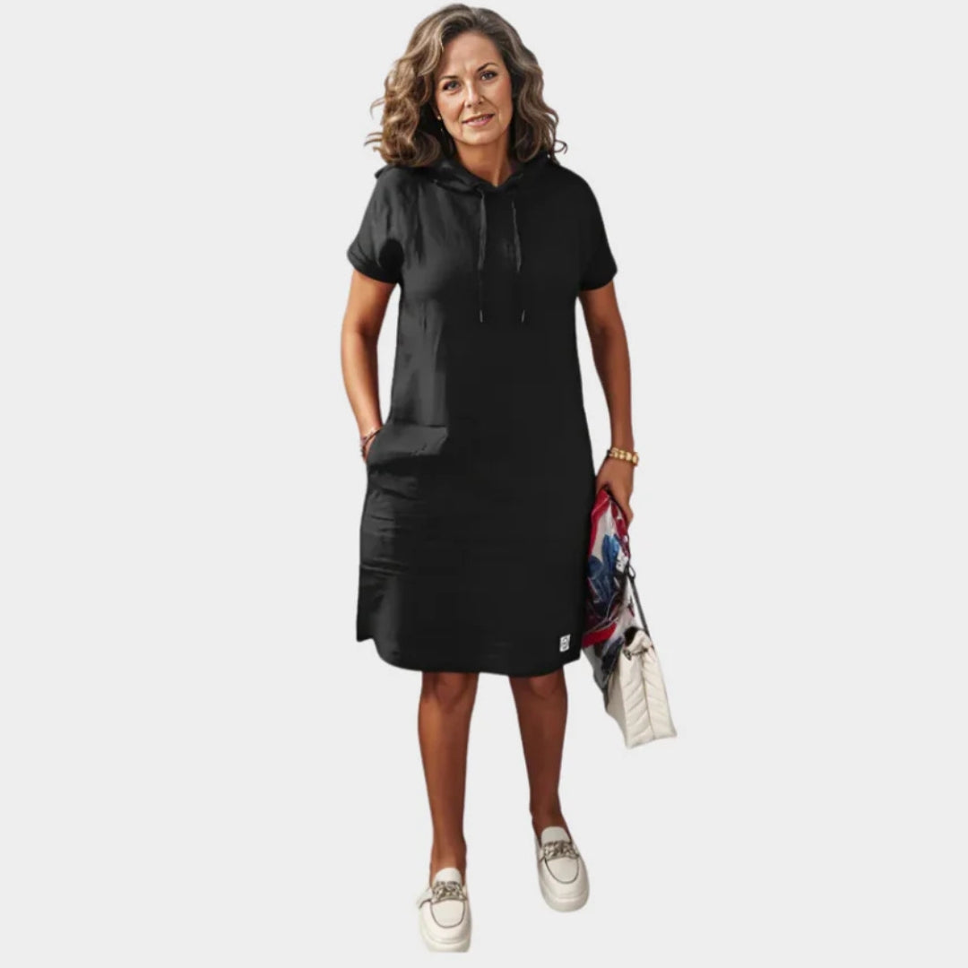 Women's Knee-Length Hooded Dress – Casual Style with Pockets