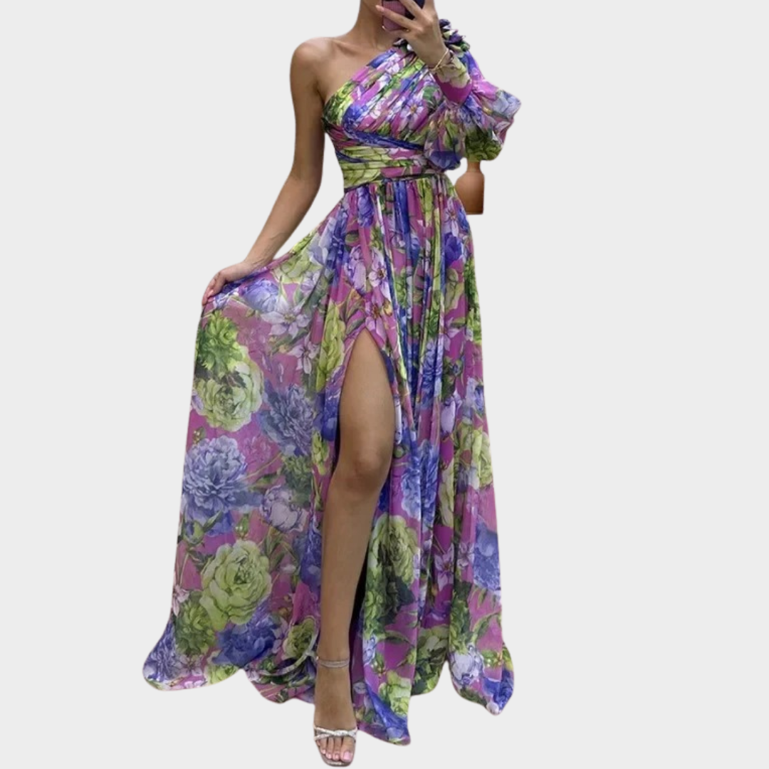 Women Off-Shoulder Slit Dress – Casual Long Sleeved Waist-Tied Fit with Slanted Collar and Printed Design – Lightweight Fabric – Multiple Colours