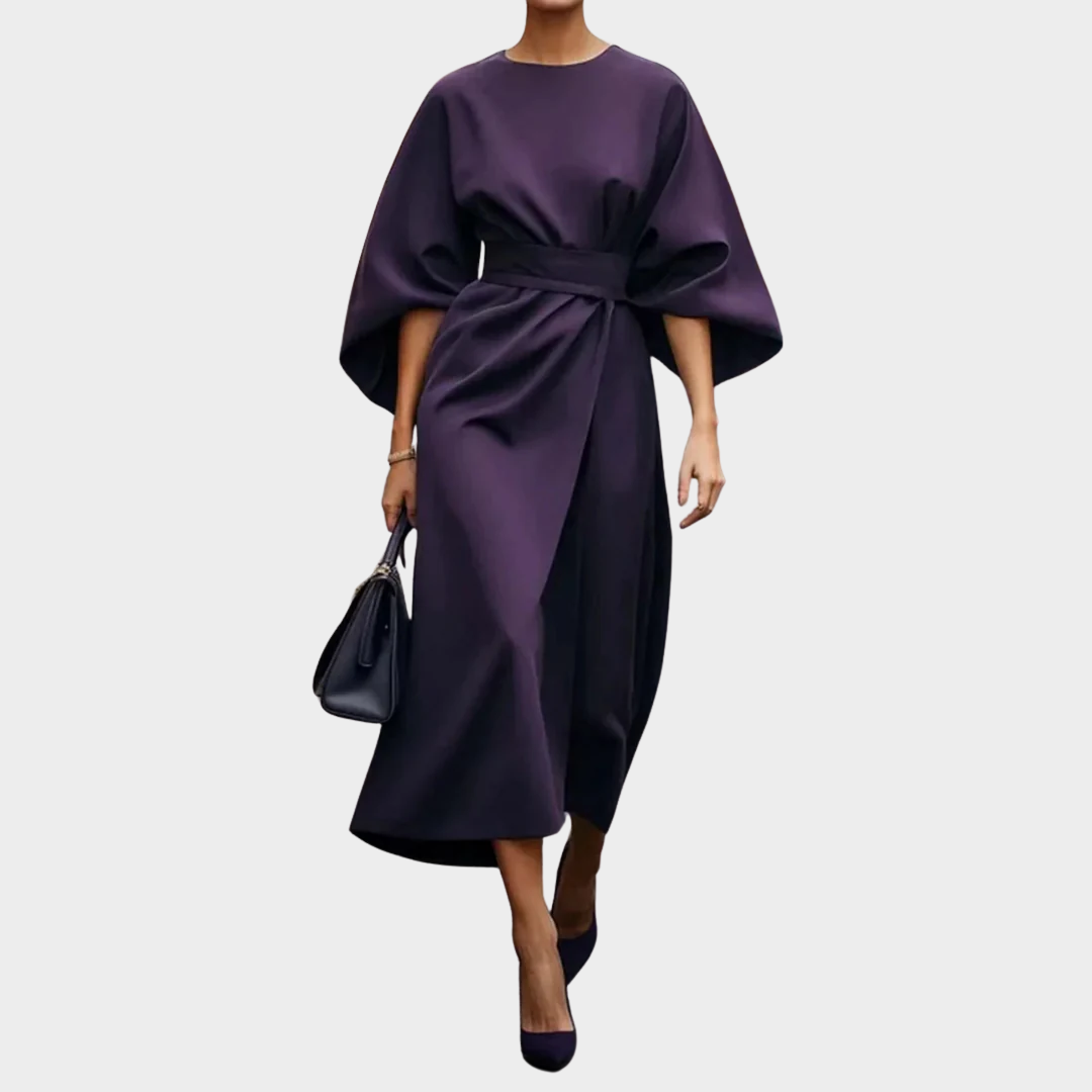 Women’s Mid-Calf Dress – Slim Fit with Ruffled Hem – Elegant Batwing Sleeves – Lightweight O-Neck Design – Multiple Colours