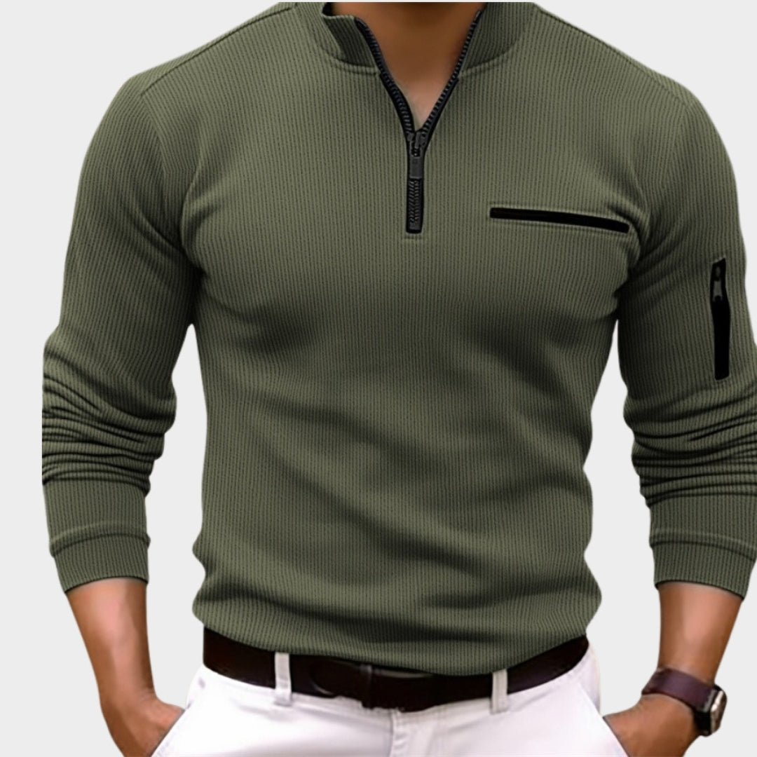 Men's Long Sleeve Polo Shirt - Striped Zipper Casual Sports Style, Khaki, Grey, Army Green, Dark Blue