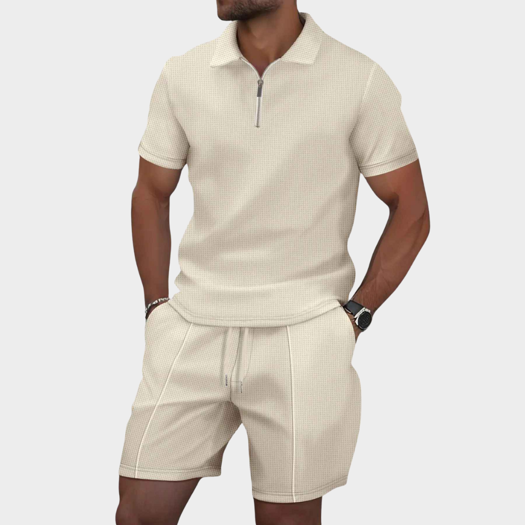 Men's Co-Ord Set – Slim Fit Waffle Zip-Up Lapel Short Sleeve Shirt with Matching Shorts – Multiple Colours