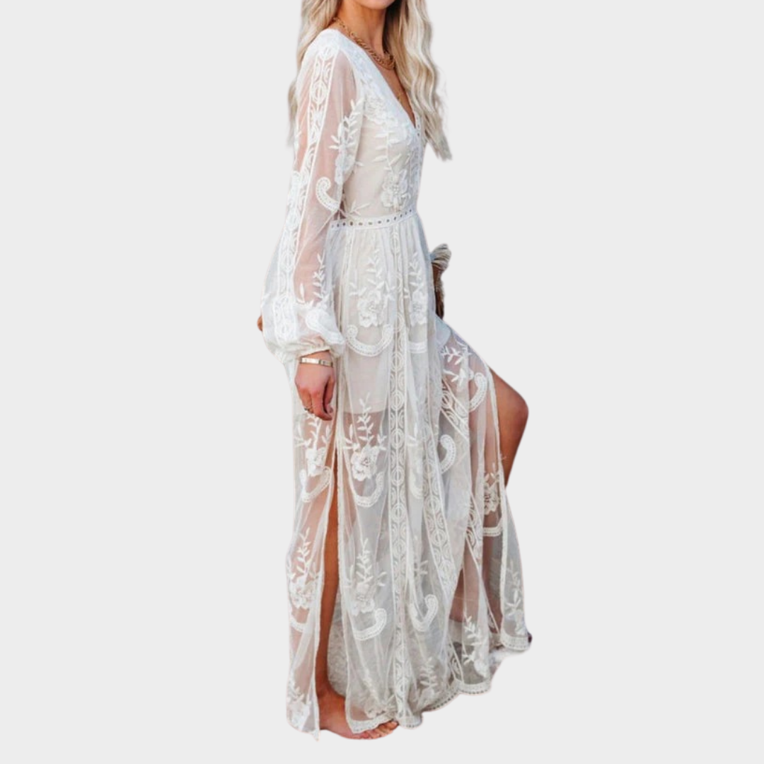 Women’s Bohemian Maxi Dress – Embroidered Lace V-Neck with Hollow Out Detail – Flowy Casual Fit – Cotton Blend – Multiple Colours