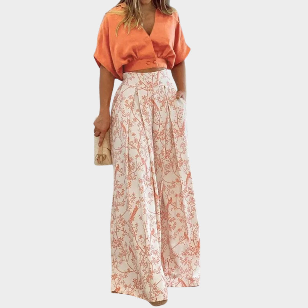 Women Two Piece Set – V-Neck Short Top and Wide Leg Trousers – Loose Fit – Printed Polyester – Multiple Colours