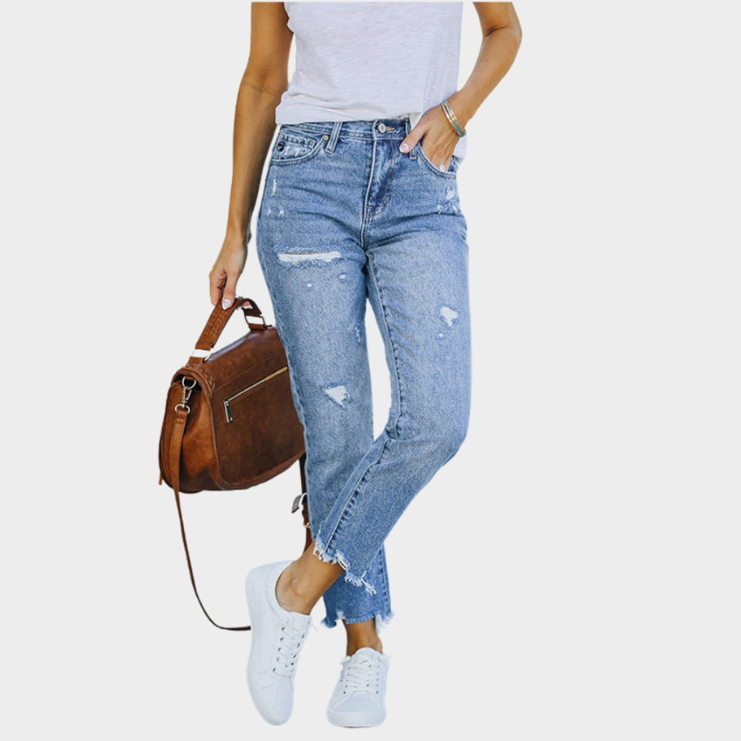 Women's High-Waist Ripped Jeans - Trendy Stretch Denim Pencil Pants (Blue)