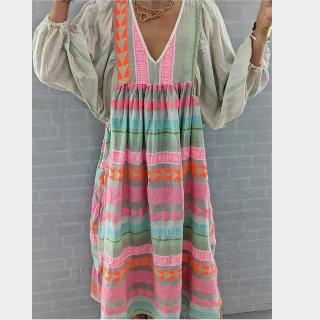 Women’s Maxi Dress – High Waist Loose Fit – Puff Sleeve – Lightweight Breathable Material – Pink