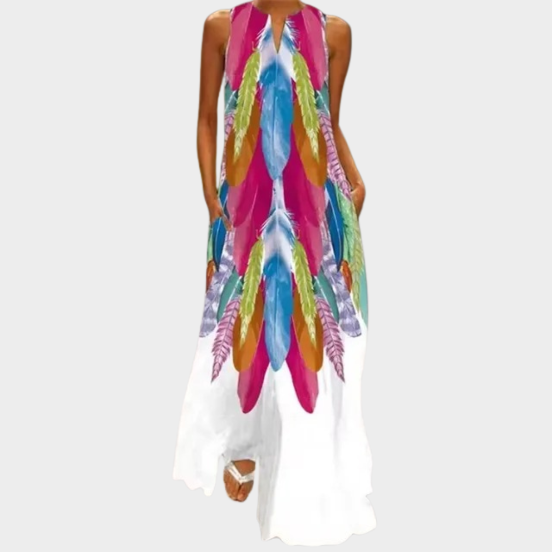 Women’s Sleeveless V-Neck Maxi Dress – Elegant Rainbow Gradient Print – Lightweight Breathable Fit – Multiple Colours