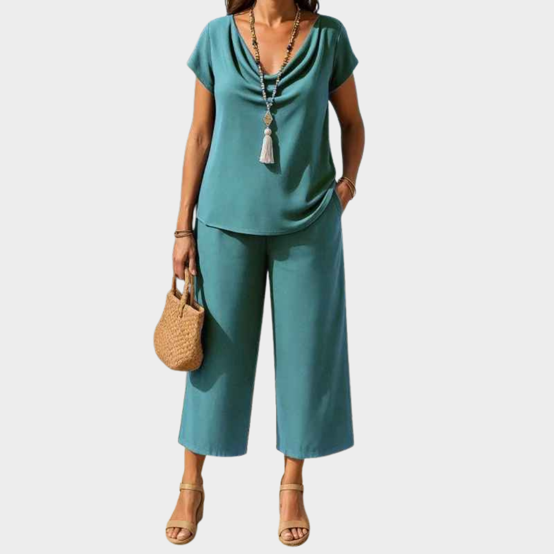 Women Two Piece Set – Casual Pile Collar Pullover with Short Sleeves and Pocket Split Pants Cotton Blend – Multiple Colours