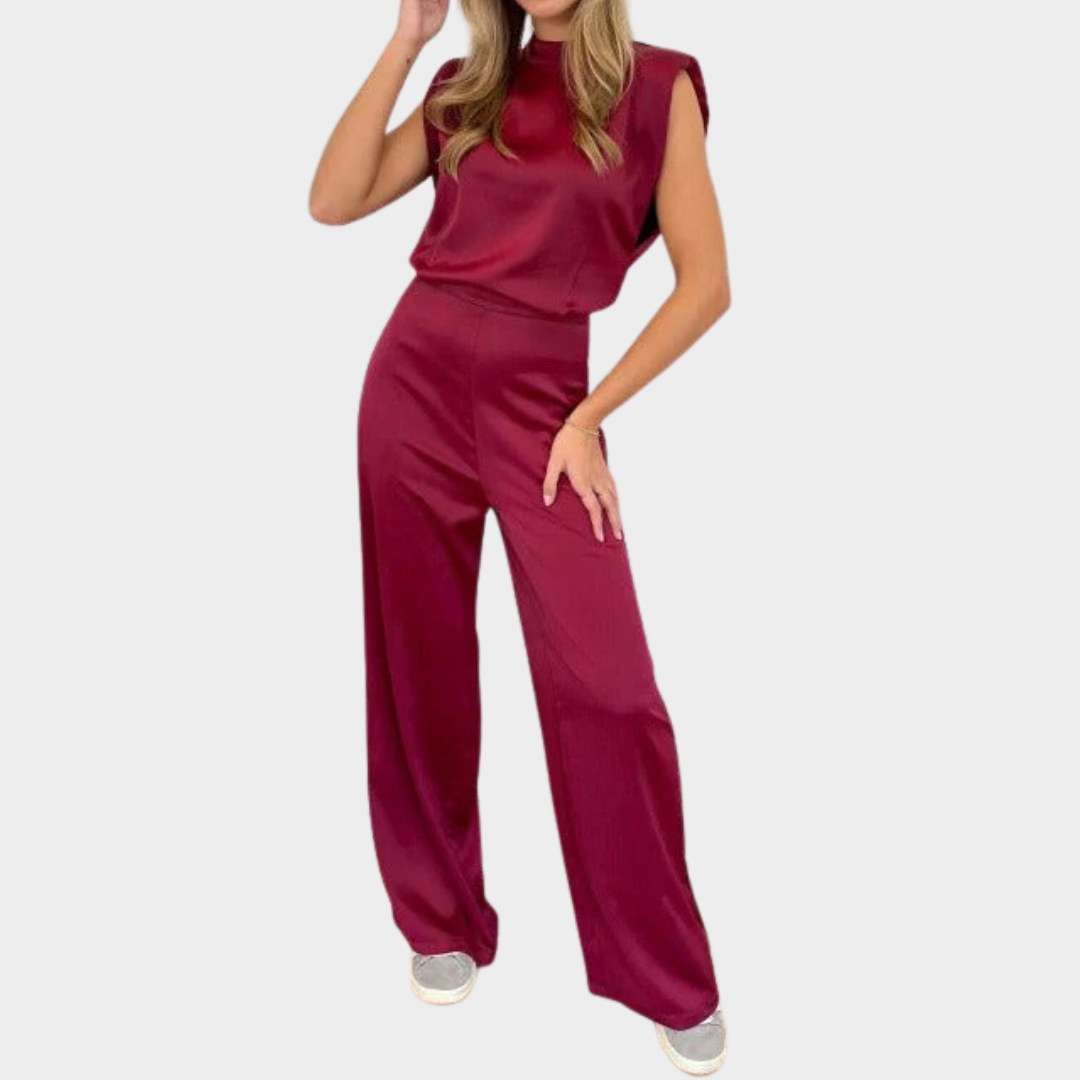 Women Jumpsuit – Round Neck Sleeveless Satin Shirt Style with Backless Hollow Trouser Design – Multiple Colours