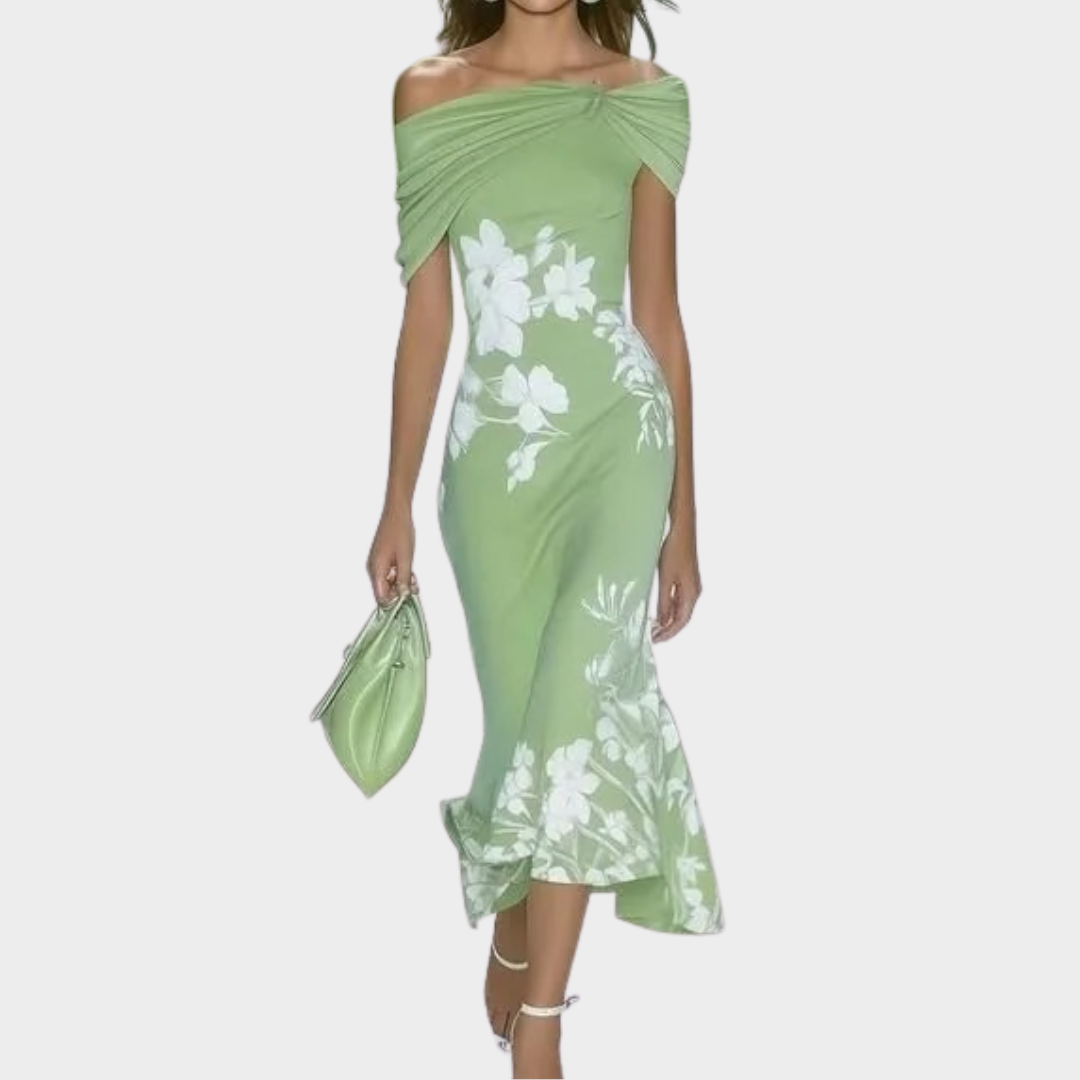 Women’s Elegant Dress – Off Shoulder Midi with Fitted Waist – Floral Print – Breathable Blend – Multiple Colours