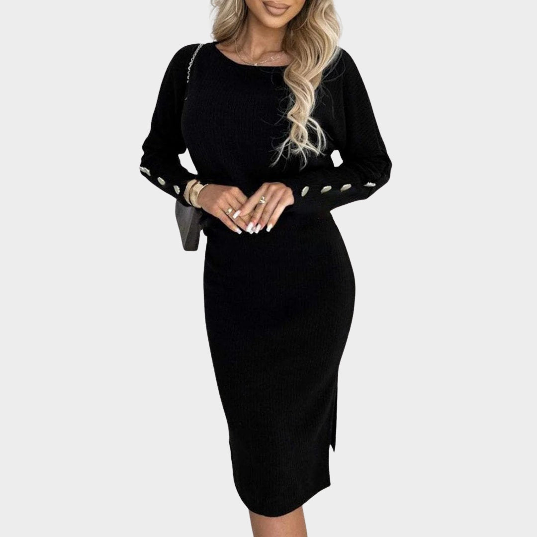 Women's Two-Piece Knitted Set - Round Neck Top & Fitted Midi Skirt - Button Sleeve Detail - Multiple Colours