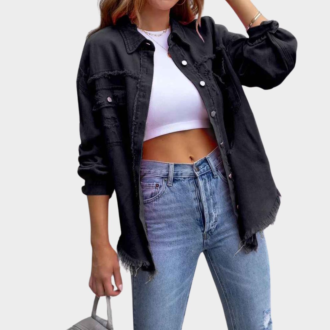 Women's Denim Jacket - Long Sleeve Casual Fit - Distressed Hollow-Out Design - Button-Up - Multiple Colours