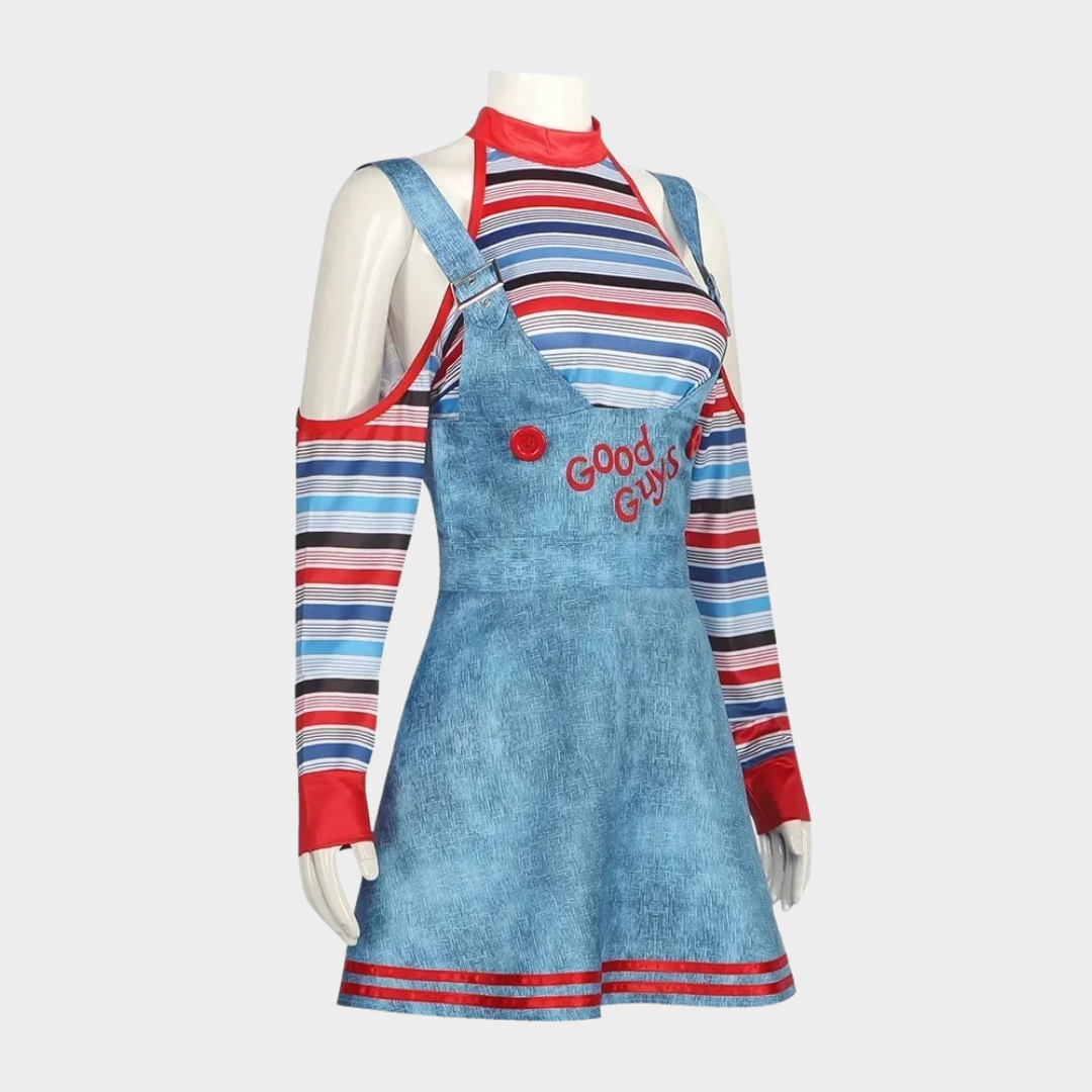Women Chucky Doll Halloween Costume – Cosplay Dress Inspired by Horror Ghost Doll Outfit – Carnival Party Fancy Dress Uniform – Blue