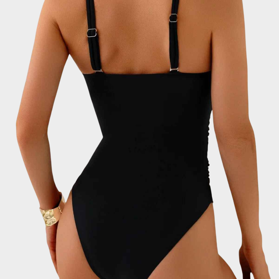Women's One-Piece Swimsuit – Hollow-Out Strap Design with 3D Floral Detail – Black