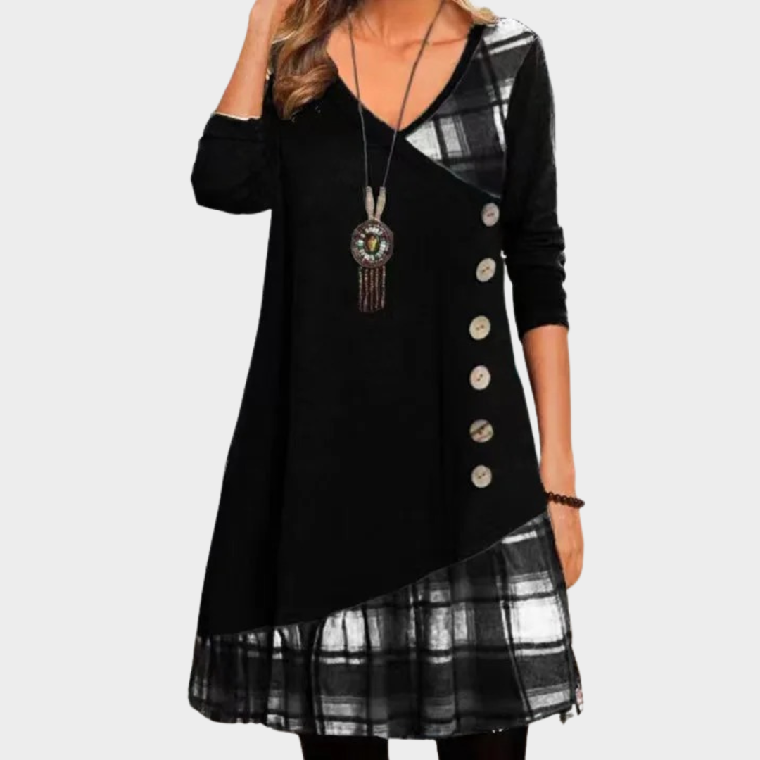 Women’s V-Neck Long Sleeve Dress – Checkered Patchwork Design – Button Front Irregular Hem – Comfortable Relaxed Fit – Soft Fabric – Multiple Colours