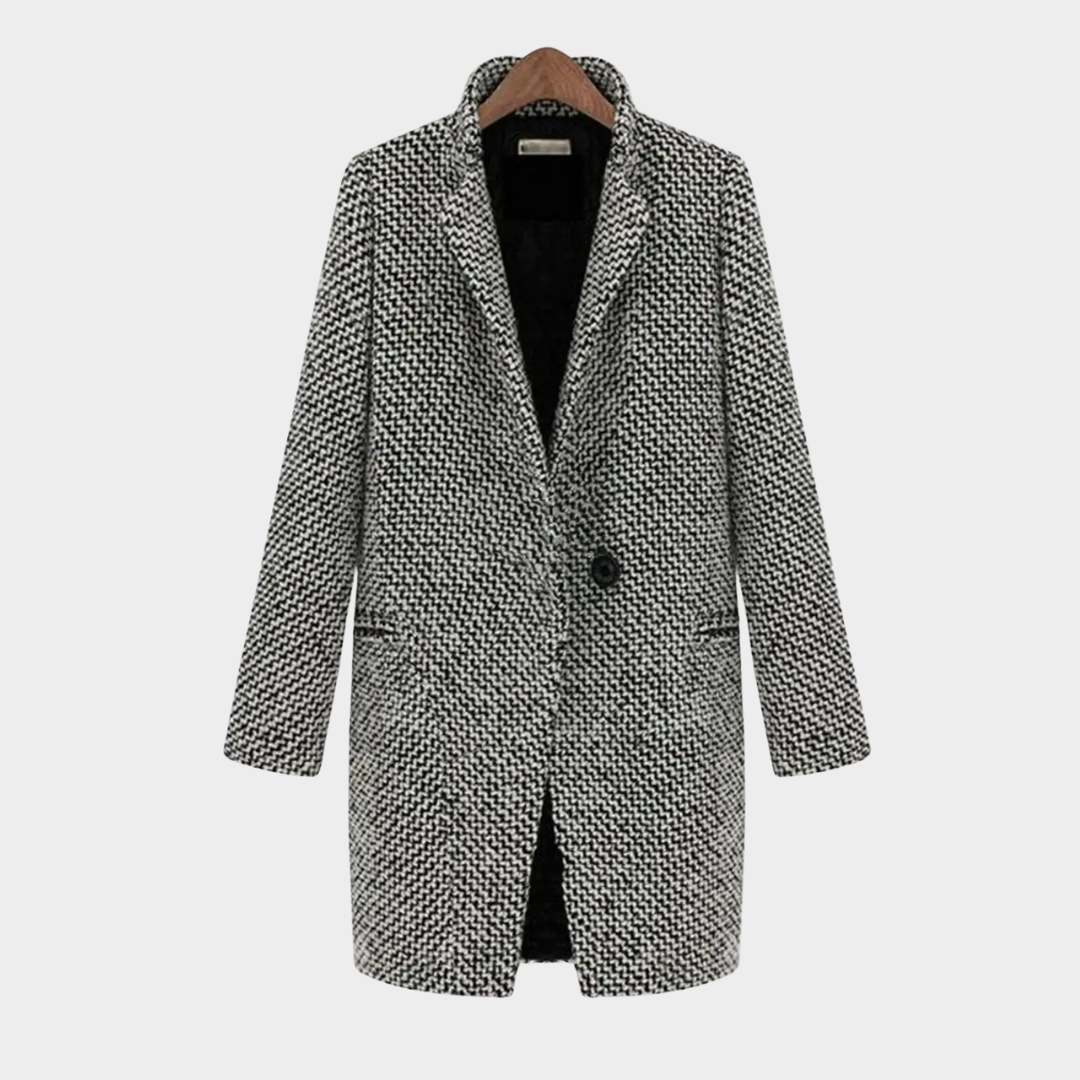 Women Plaid Wool Coat – Slim Fit Long Sleeve Single Button Overcoat – Elegant Tailored Outerwear – Grey