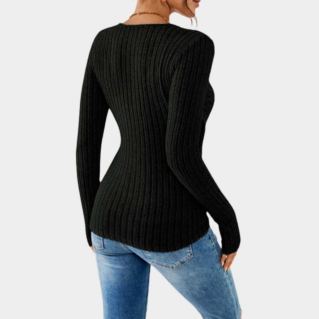 Women's Knitted V-Neck Sweater - Button Detail - Slim Fit & Soft Pullover - Warm & Comfortable - Multiple Colours