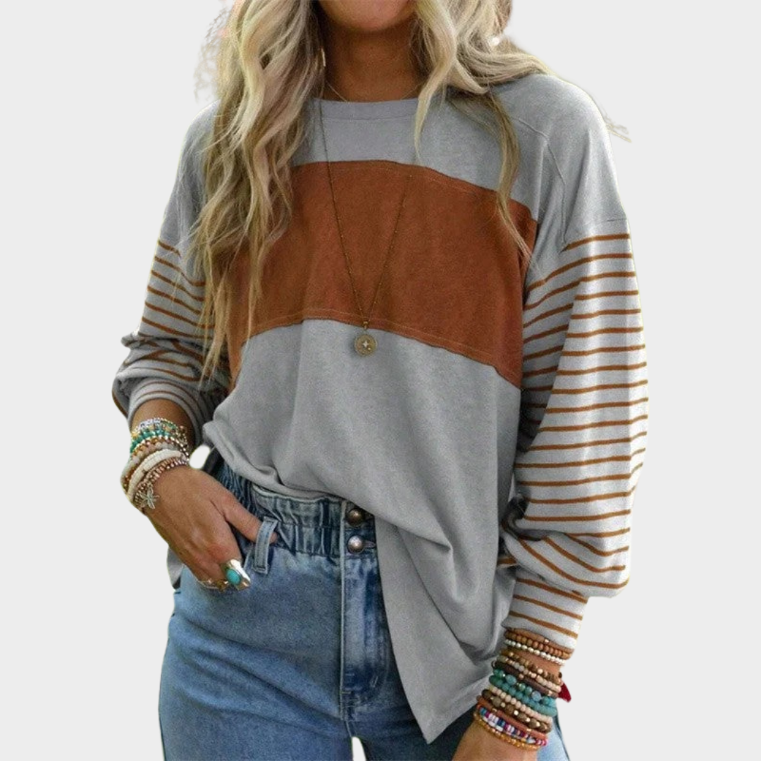 Women’s Oversized Fit Blouse – Long Sleeve Crew Neck Top with Colour Block Panels – Casual Everyday Style – Multiple Colours
