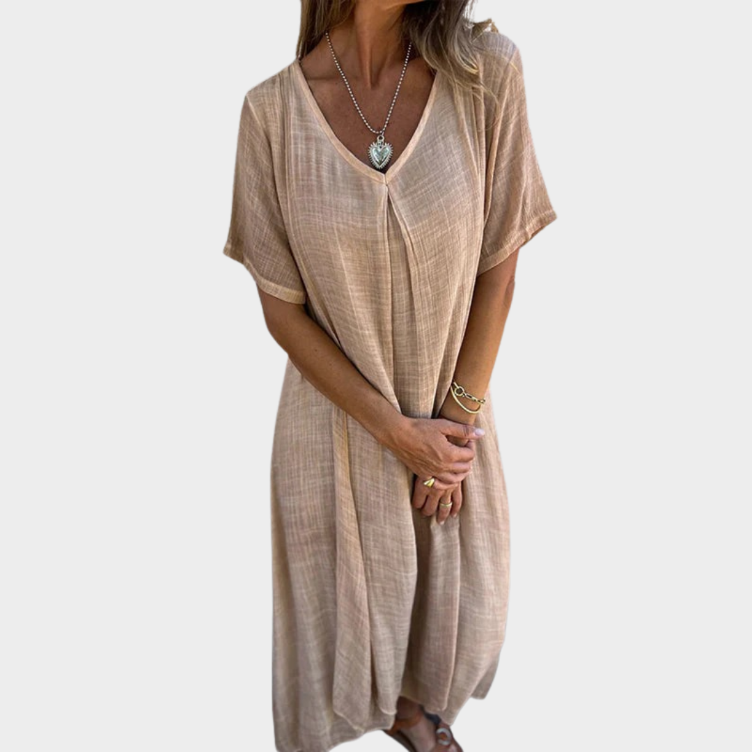 Women’s Maxi Dress – V-Neck – Loose Fit – Short Sleeve – Cotton Linen Blend – Multiple Colours