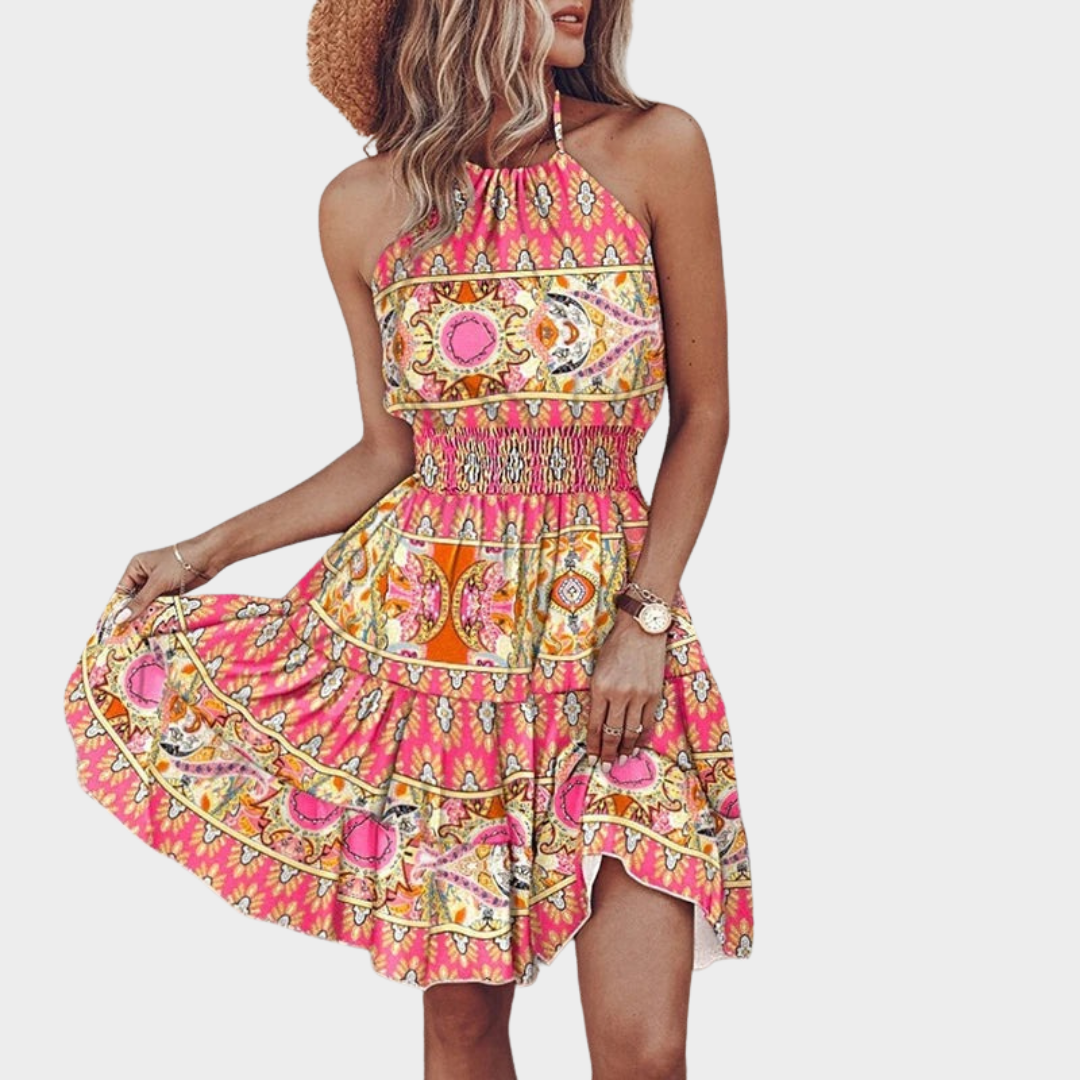 Women Halter Neck Mini Dress – Floral Print Sleeveless Fit with Lightweight Fabric and Boho Style – Multiple Colours