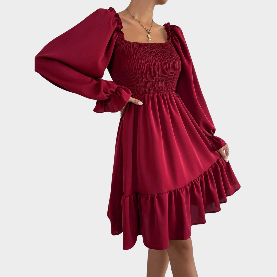 Women’s Long Sleeve Square Neck Dress – Elegant Ruffle Casual Dress – Flowy Fit – Multiple Colours