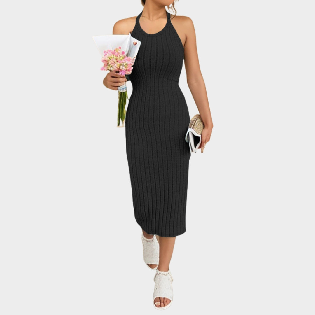 Women's Halter Neck Bodycon Dress – Ribbed Knitted Midi Dress – Sleeveless – Multiple Colours