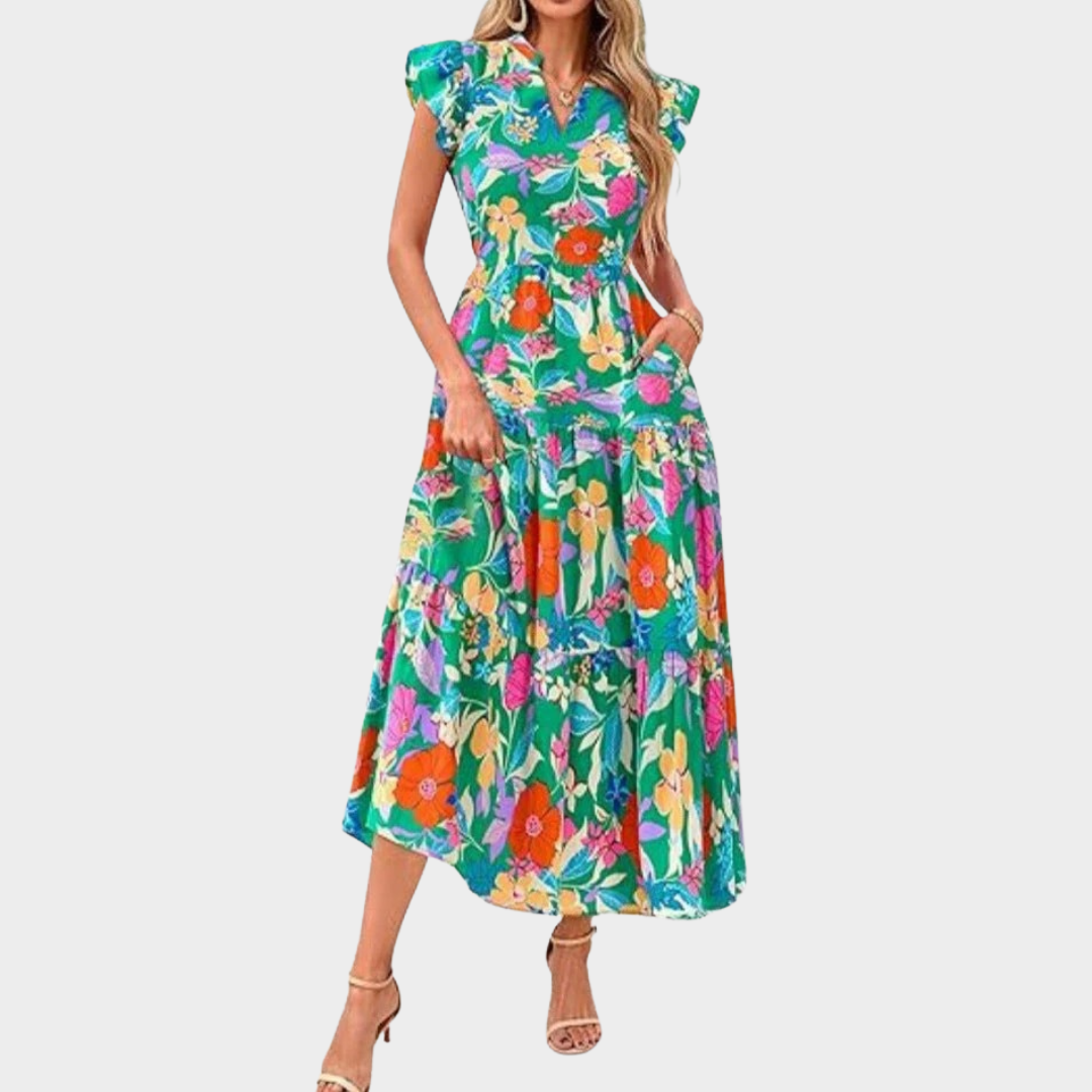 Bohemian V Neck Women's Maxi Dress – Pleated Draped Loose Fit – Floral Print Long Gown – Lightweight Fabric – Multiple Colours