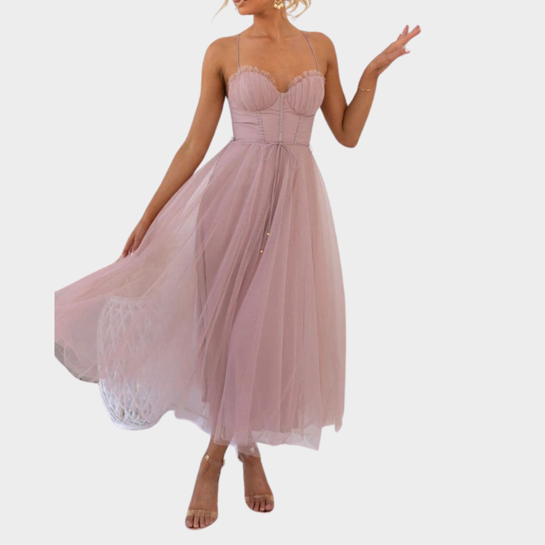 Women’s Long Backless Chiffon Dress – Spaghetti Strap Party Gown with Low Cut Lace-Up Back – Lightweight Mesh Fit – Multiple Colours