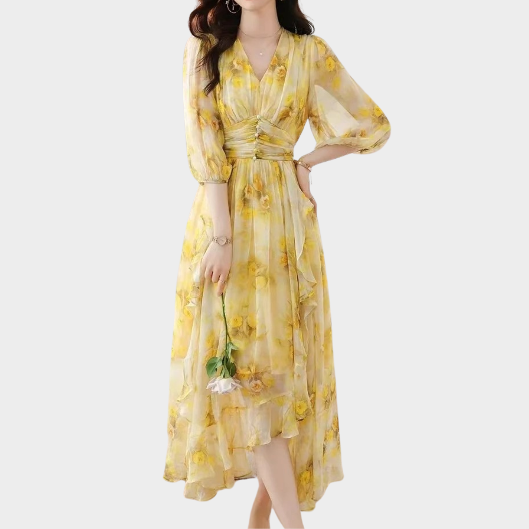 Women’s V-Neck Midi Dress – Floral Print Chiffon with Flowy Fit and Half Sleeves – Lightweight Elegant Boho Style – Yellow