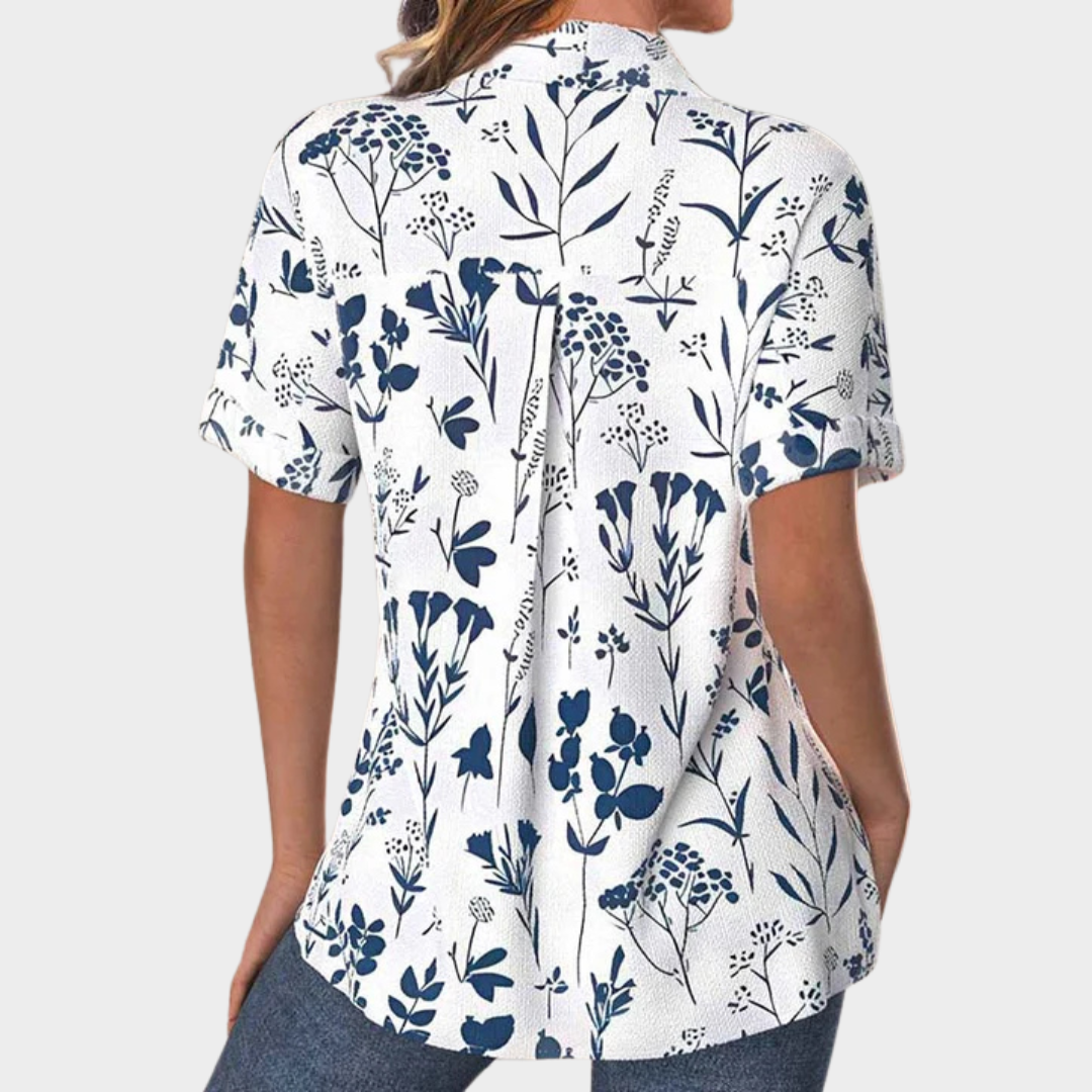 Women’s Leaf Print Blouse – Turn-Down Collar Short Sleeve Shirt with Button Detail – Lightweight Cotton-Polyester Fabric – Relaxed Fit – Blue