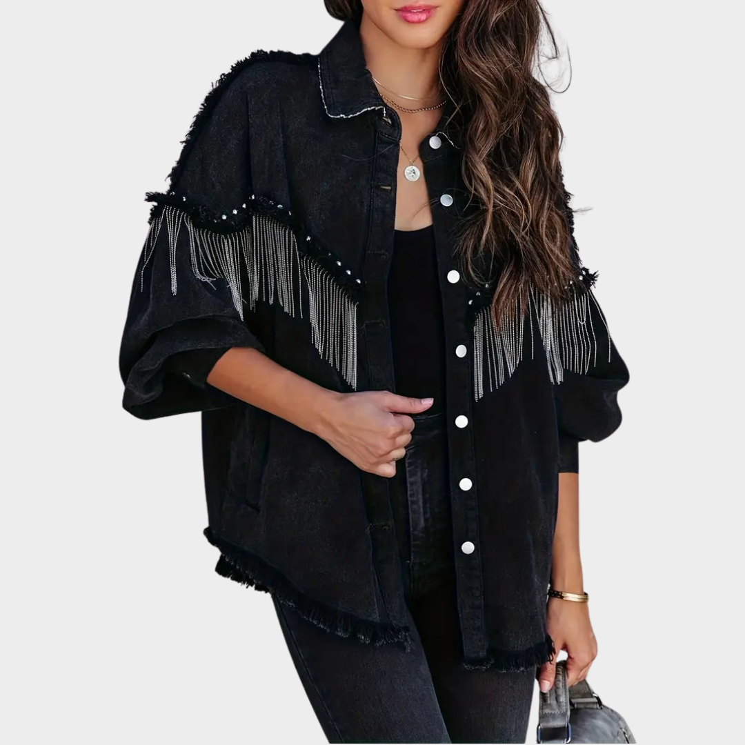 Women's Denim Jacket – Chain Splicing – Vintage Tassel Design – Single-Breasted – Casual Loose Fit – Black