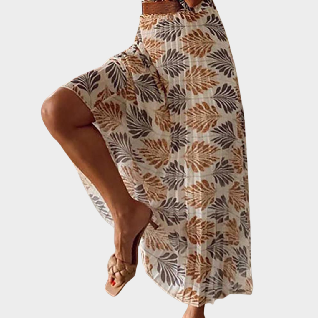 Women's Bohemian Maxi Dress – Vintage Print – V-Neck – Short Sleeve – High Waist – Casual Long Dress – Beige