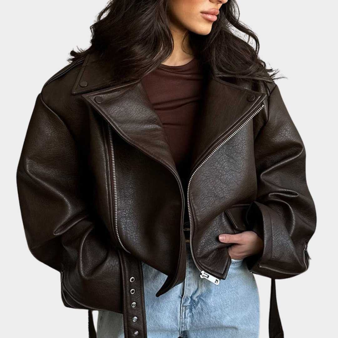 Women Motorcycle Jacket – PU Leather Short Coat – Lace Up Lapel Long Sleeve Outerwear – Casual Street Style – Brown