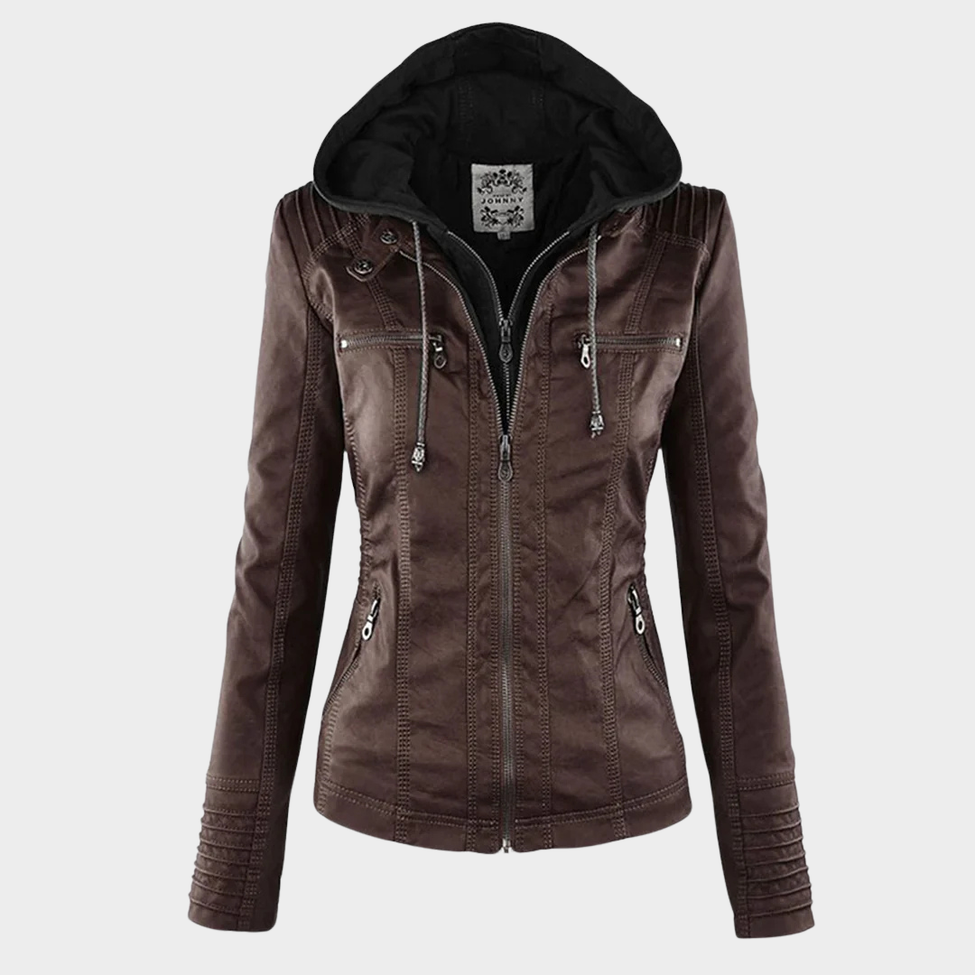 Women’s Faux Leather Jacket – Motorcycle Style – Zip Closure – Hooded Design – Multiple Colours