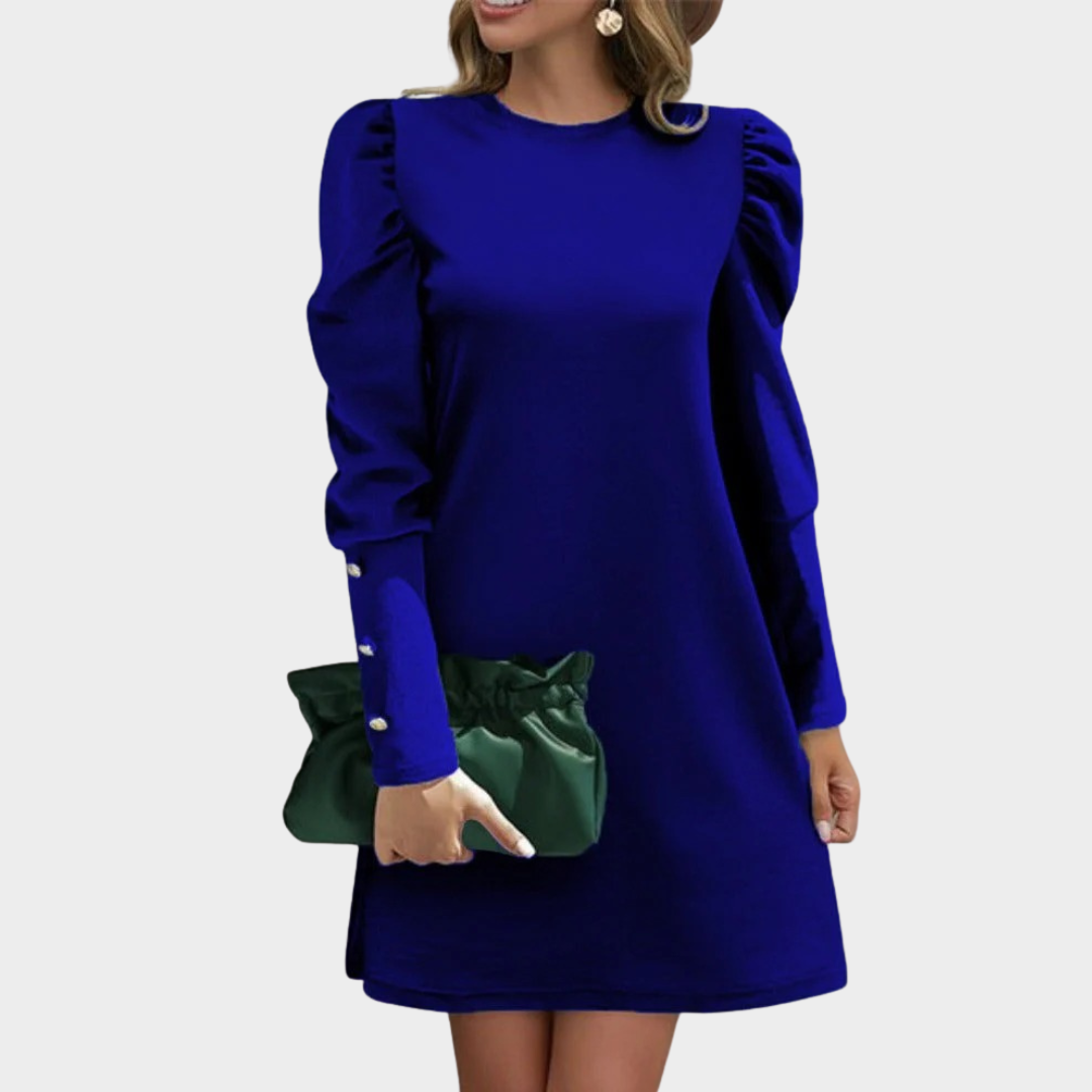 Women’s Dress – Elegant Puff Sleeve Button Detail Round Neck Solid Style – Multiple Colours