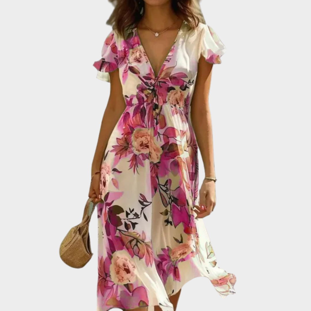 Women’s Floral Print Midi Dress – Elegant V-Neck Lace-Up Party Dress – Short Sleeve Bohemian Style – Lightweight Polyester – Multiple Colours