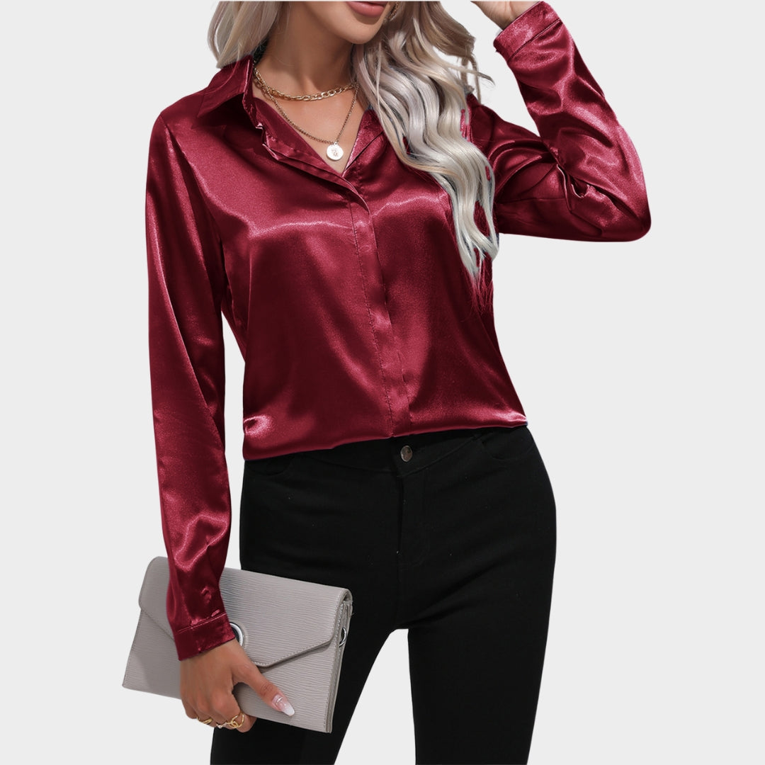 Women's Satin Shirt - Long Sleeve Turn-Down Collar Blouse - Elegant Office Wear - Multiple Colours