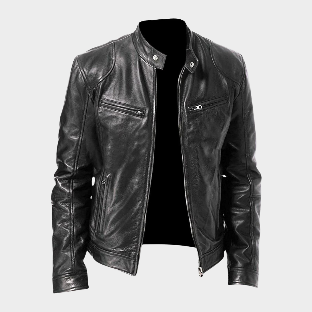 Men’s Stand-Up Collar Leather Jacket – Slim Fit – Zipper Pockets – PU Coat – Biker Style – Multiple Colours