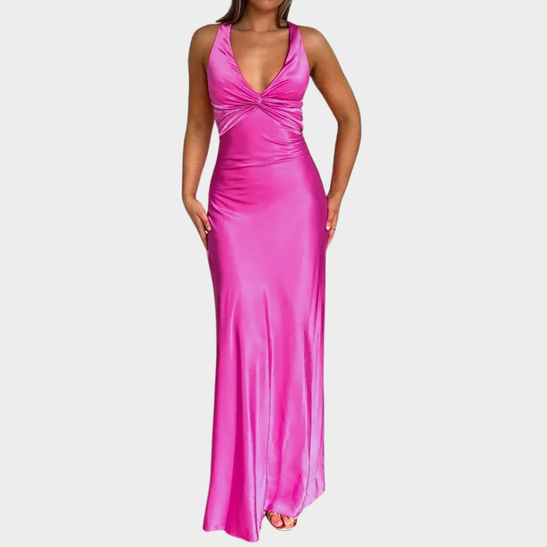 Women’s Maxi Dress – Sleeveless Satin Gown with V-Neck and Bow Tie Back – Elegant Fit for Evening Events – Multiple Colours