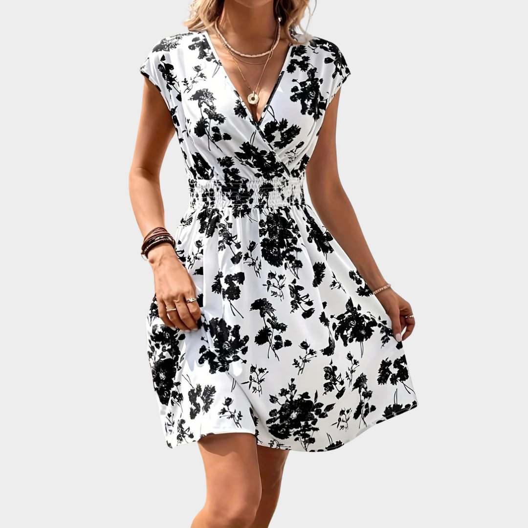 Women’s A-Line Dress – Breathable Blend – V-Neck – Smocked Waist – Flutter Sleeves – Casual Comfort – Multiple Colours
